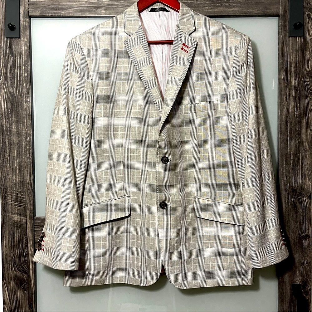 Haggar Men's 42S Plaid Windowpane Blazer Contrast Stitching Preppy Academia